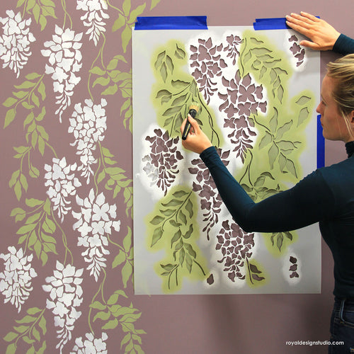 Wisteria Flowers and Vine Wall Stencils - Floral Wallpaper Design