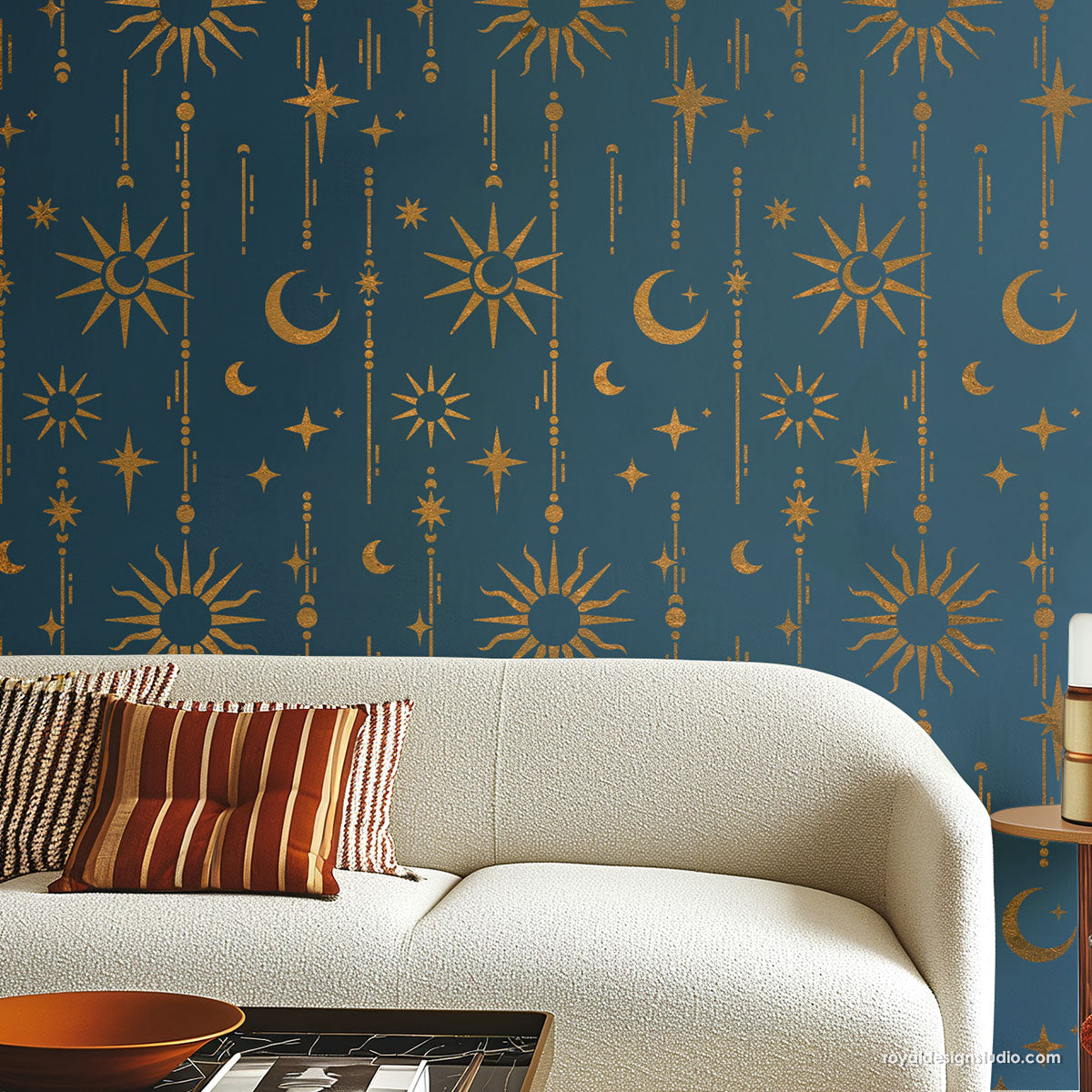 Celestial moon and stars allover wall stencil for wallpaper painting