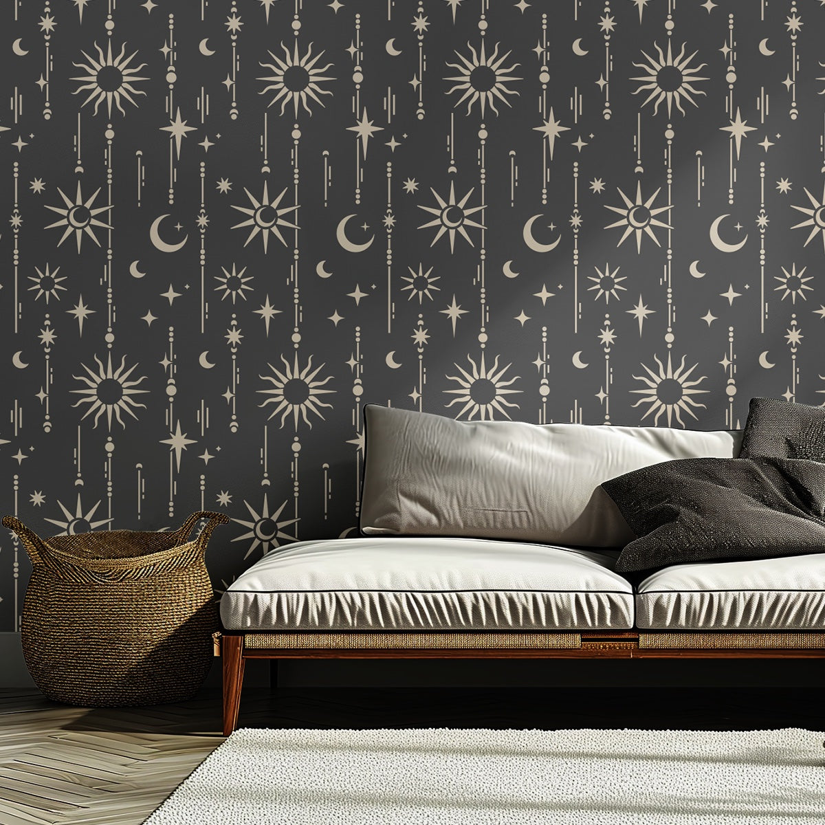 Celestial wallpaper look with moon and stars wall stencils