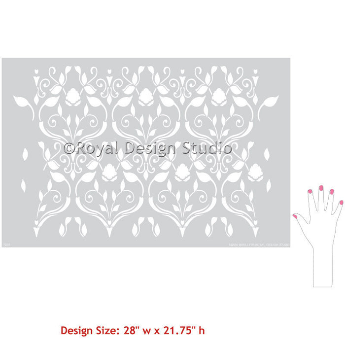 Romantic Flower And Vine Damask Wall Stencil Pattern - Bari J